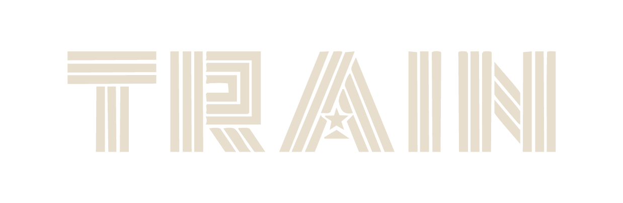 Stylized graphic of the word "TRAIN" with striped lines and a star in the middle of the letter "A".