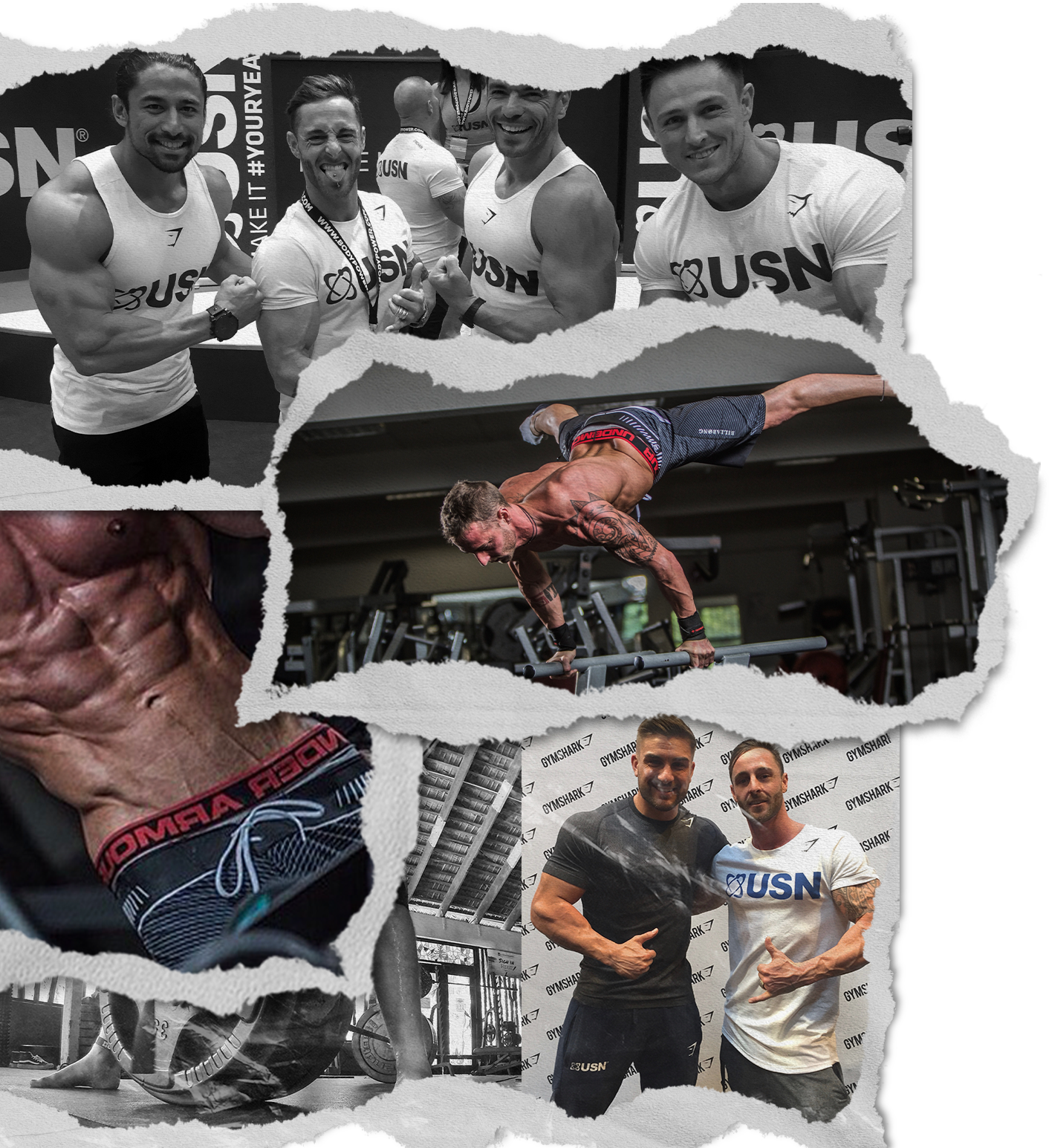 A collage of fitness and bodybuilding images. The top image features a group of four muscular men smiling and posing at a fitness event with banners in the background. The middle image shows a man performing a handstand push-up on gym equipment. The bottom left part displays a close-up of a person's well-defined abdominal muscles. The bottom right image shows two men posing in front of a backdrop with the USN logo, one wearing a black shirt and the other in a white shirt.