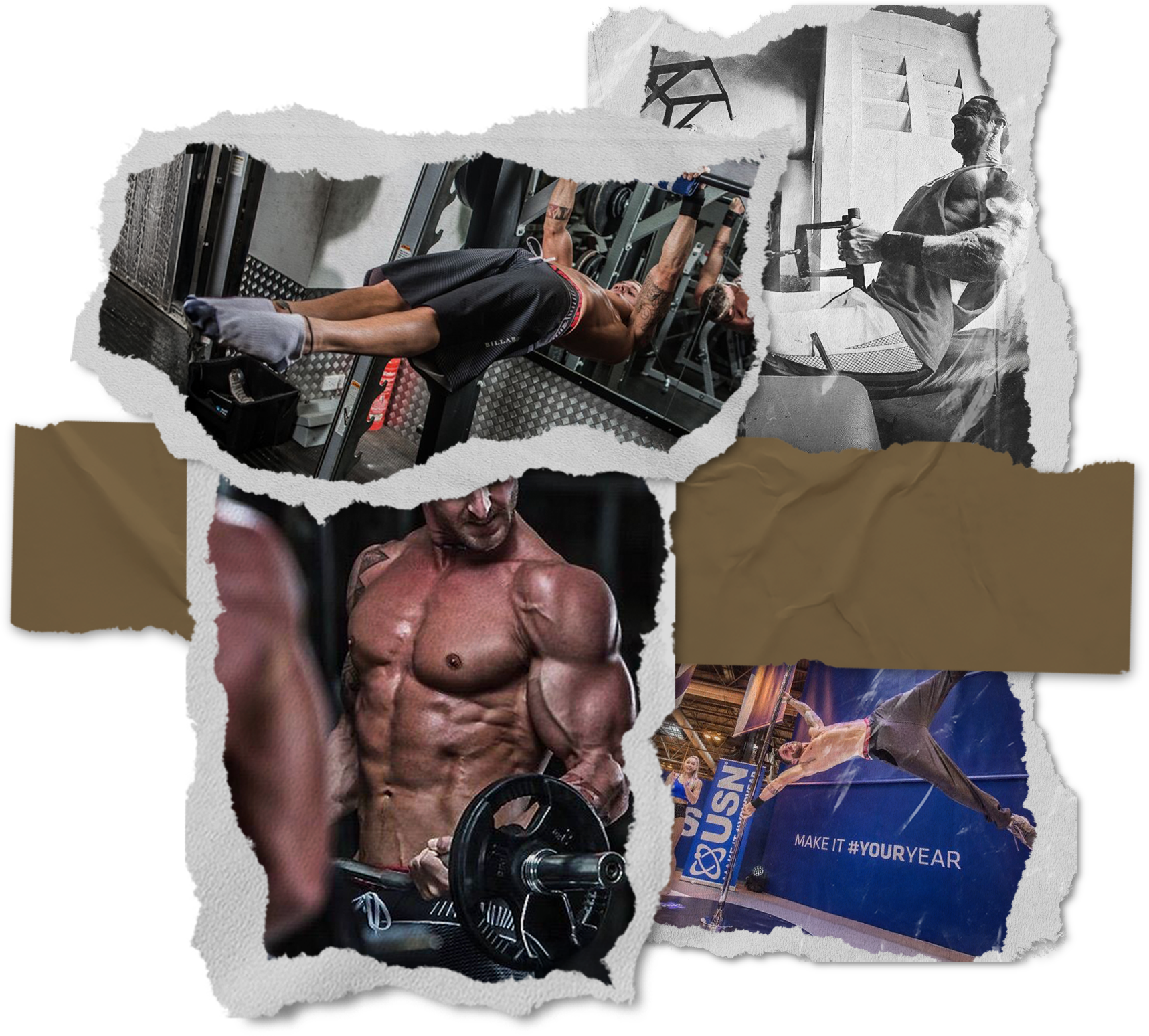 Collage of black-and-white and color photos of athletes, bodybuilders, and fitness scenes, including weightlifting, gym workouts, and gymnastics.