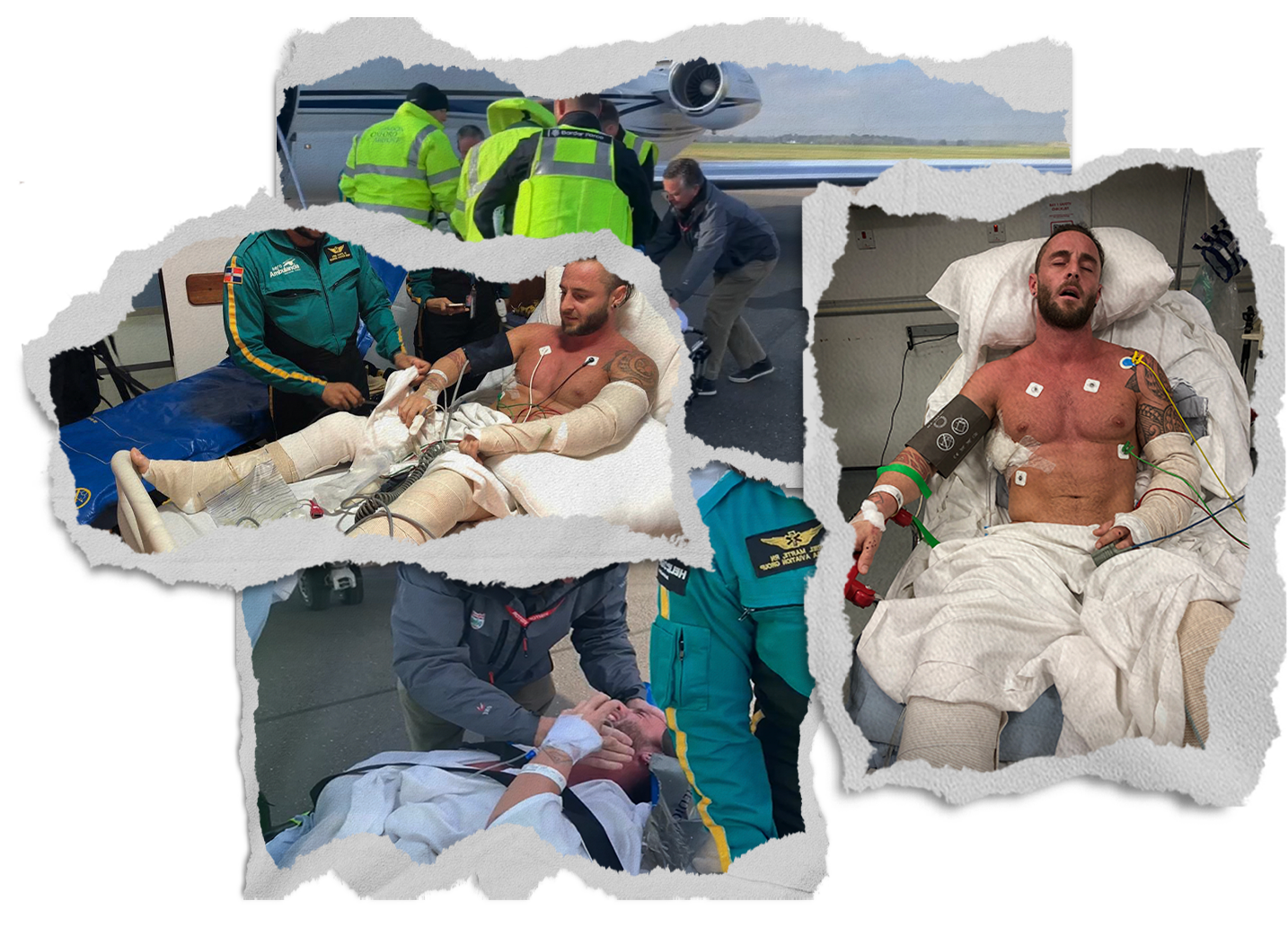 Collage of images showing a man in critical condition, being treated by medical personnel in a hospital, with scenes of emergency responders at an airfield.