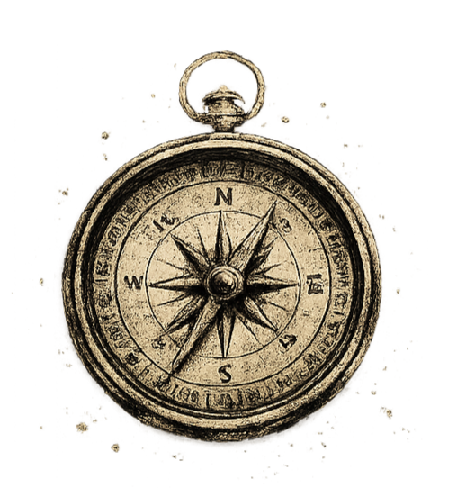 A vintage metal compass showing north, south, east, and west directions.