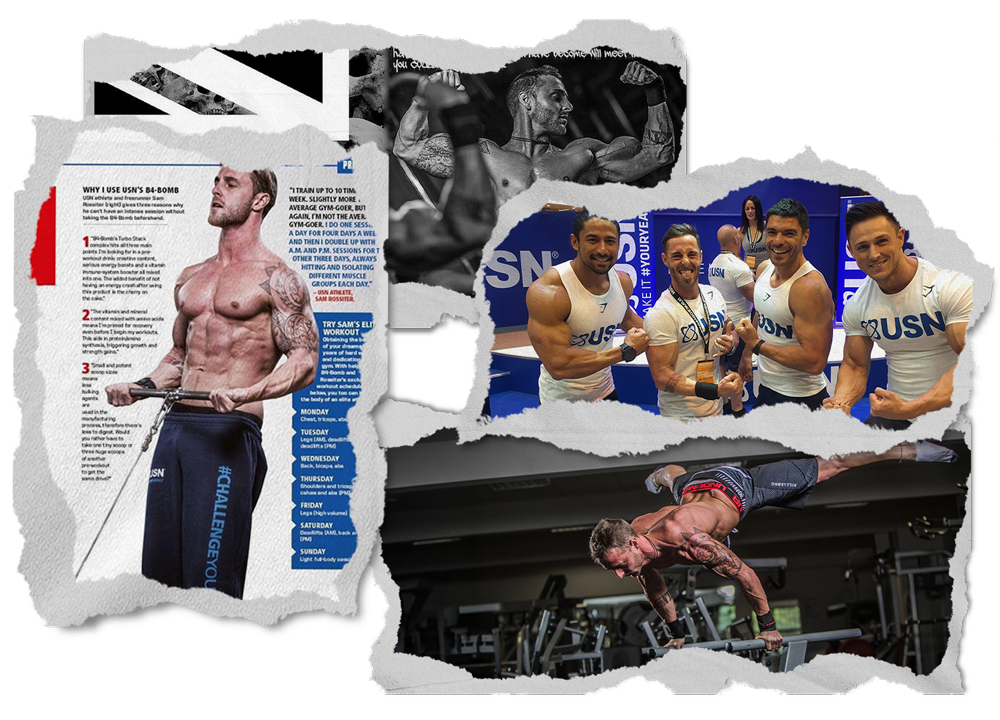 Collage of four photos related to fitness and bodybuilding. The first photo shows a muscular man with tattoos holding a dumbbell, promoting a workout challenge. The second photo features a group of men in USN workout shirts smiling and showing their muscles in a gym. The third photo is of a shirtless man doing a handstand on gym equipment, displaying strength. The fourth photo is of a shirtless male bodybuilder with tattoos flexing his muscles in a gym.