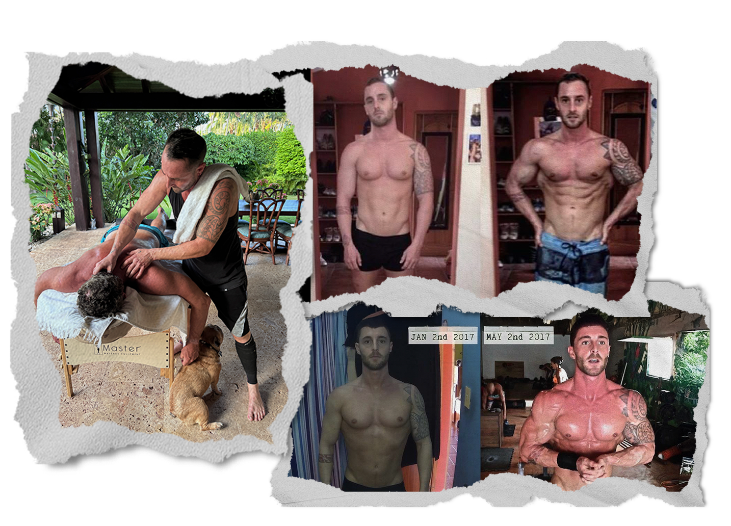A collage of five photos showing a man’s fitness transformation. The first photo shows him receiving a massage outdoors with a dog nearby. The second and third photos show him shirtless, before and after muscle build, with date labels from January and May 2017. The fourth photo shows him shirtless with a muscular physique, taken on May 2nd, 2017. The fifth photo shows him posing with a muscular build indoors, with tattoos visible, in a gym or home setting.