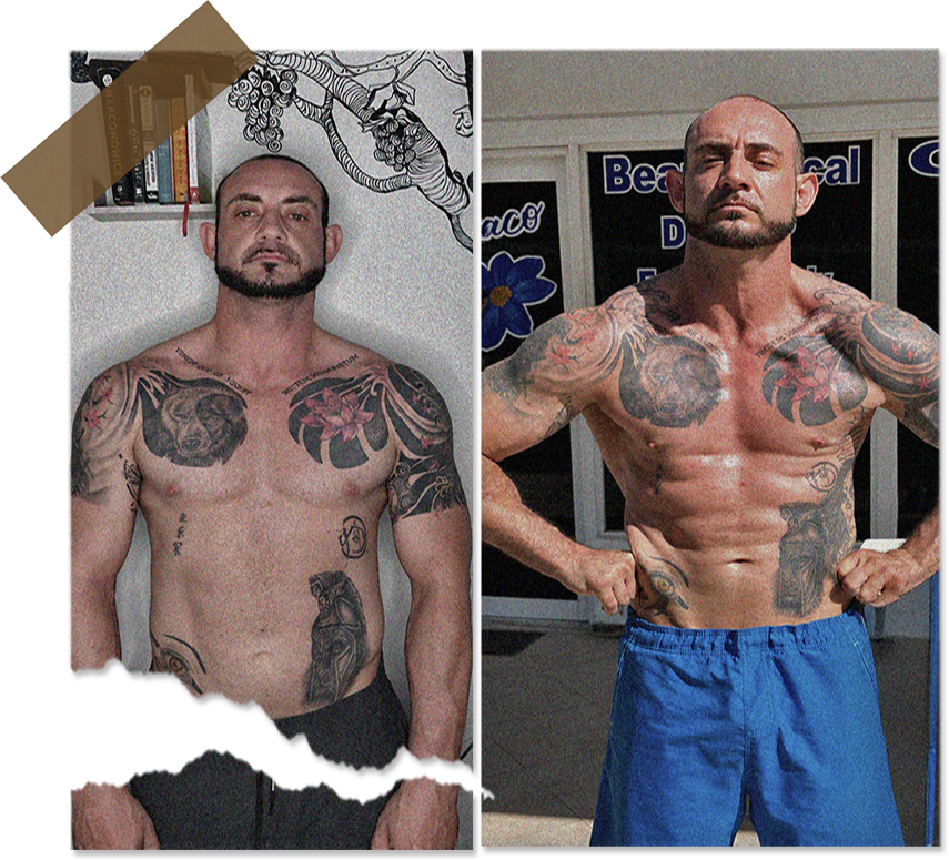 Comparison of the same man before and after body transformation. On the left, he has a leaner, less muscular physique with tattoos on his chest, arms, and torso. On the right, he has a more muscular, defined body, with tattoos still visible, and is wearing blue shorts.