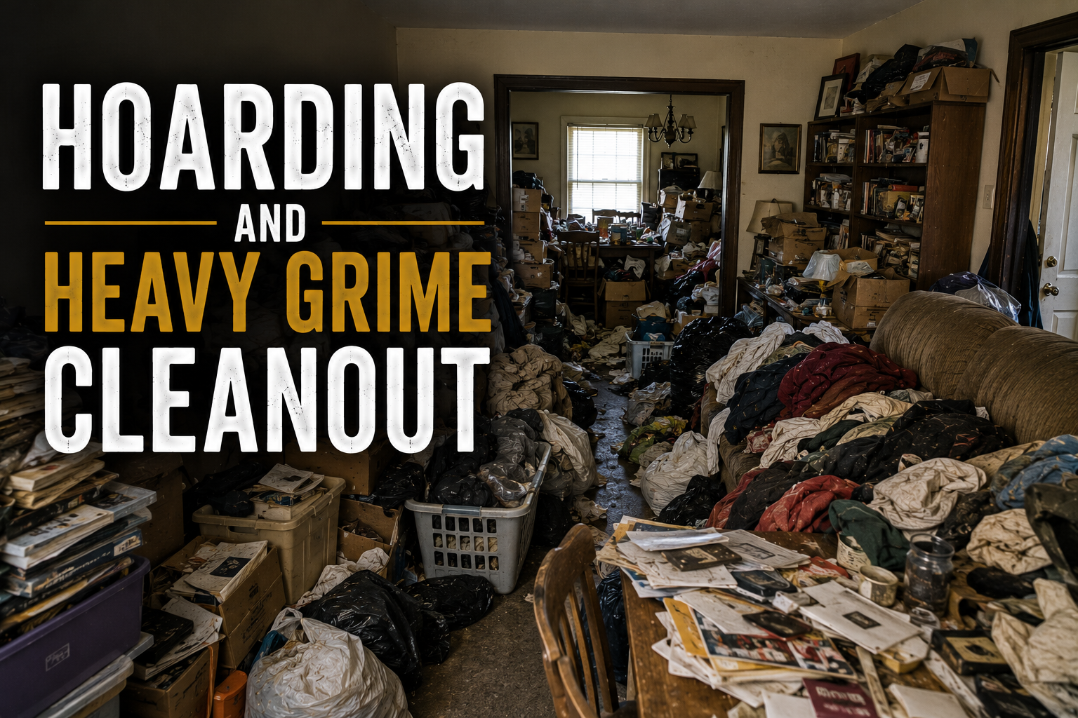A cluttered living room filled with piled boxes, scattered clothes, and random items.
