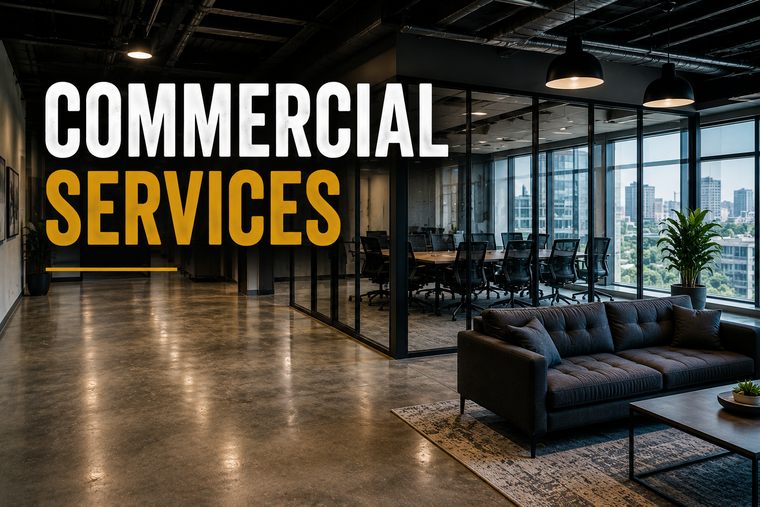 Modern conference room with glass walls, city view, conference table, chairs, potted plants, and a black sofa in the foreground, with the large text 'Commercial Services' overlayed.