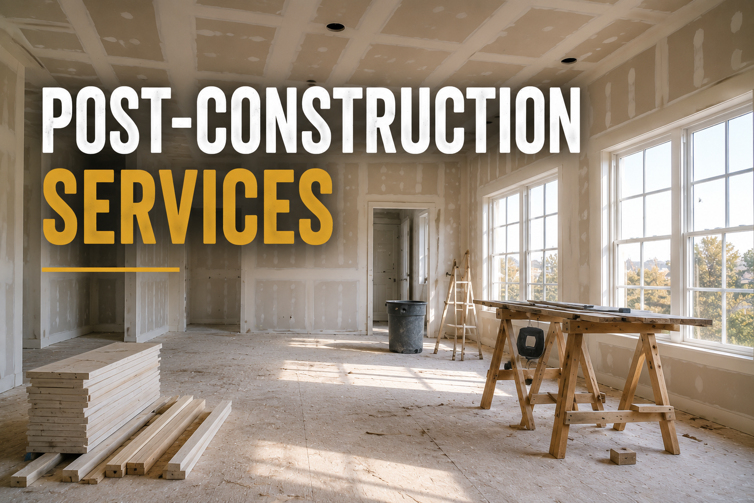 Empty room with large windows and construction materials, including wood planks, a ladder, and a workbench, with the text 'Post-Construction Services' overlaid.