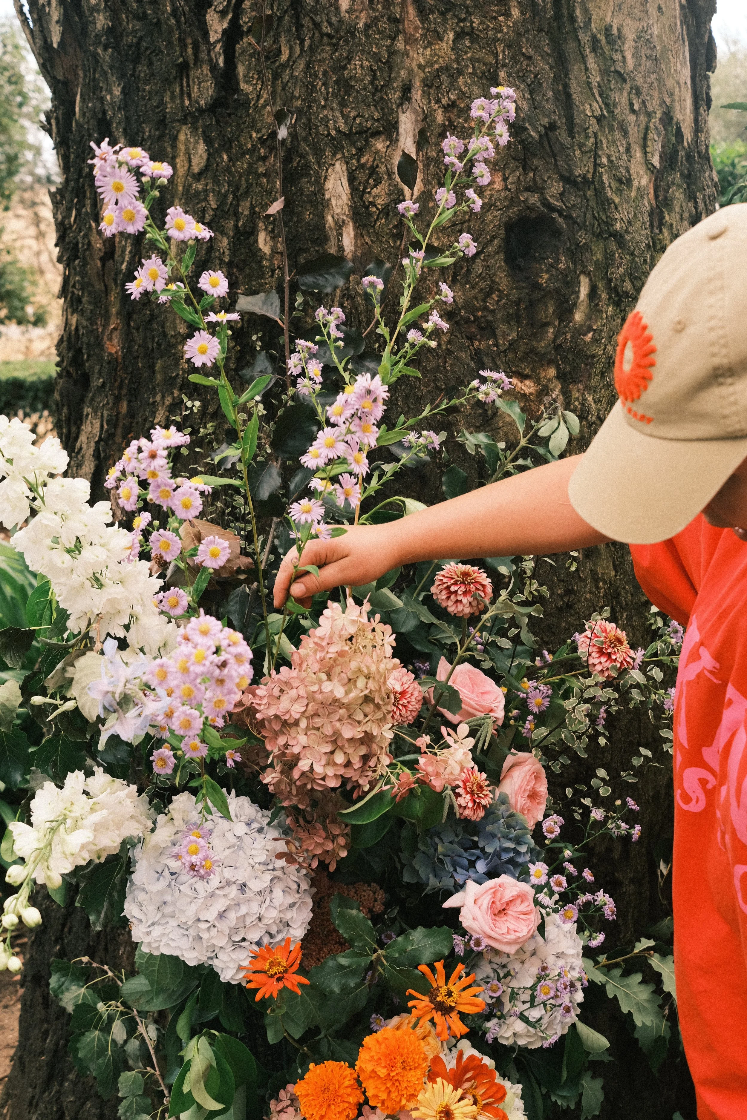 A woman planting colorful flowers next to a large tree trunk, with various pink, white, orange, and purple blossoms.