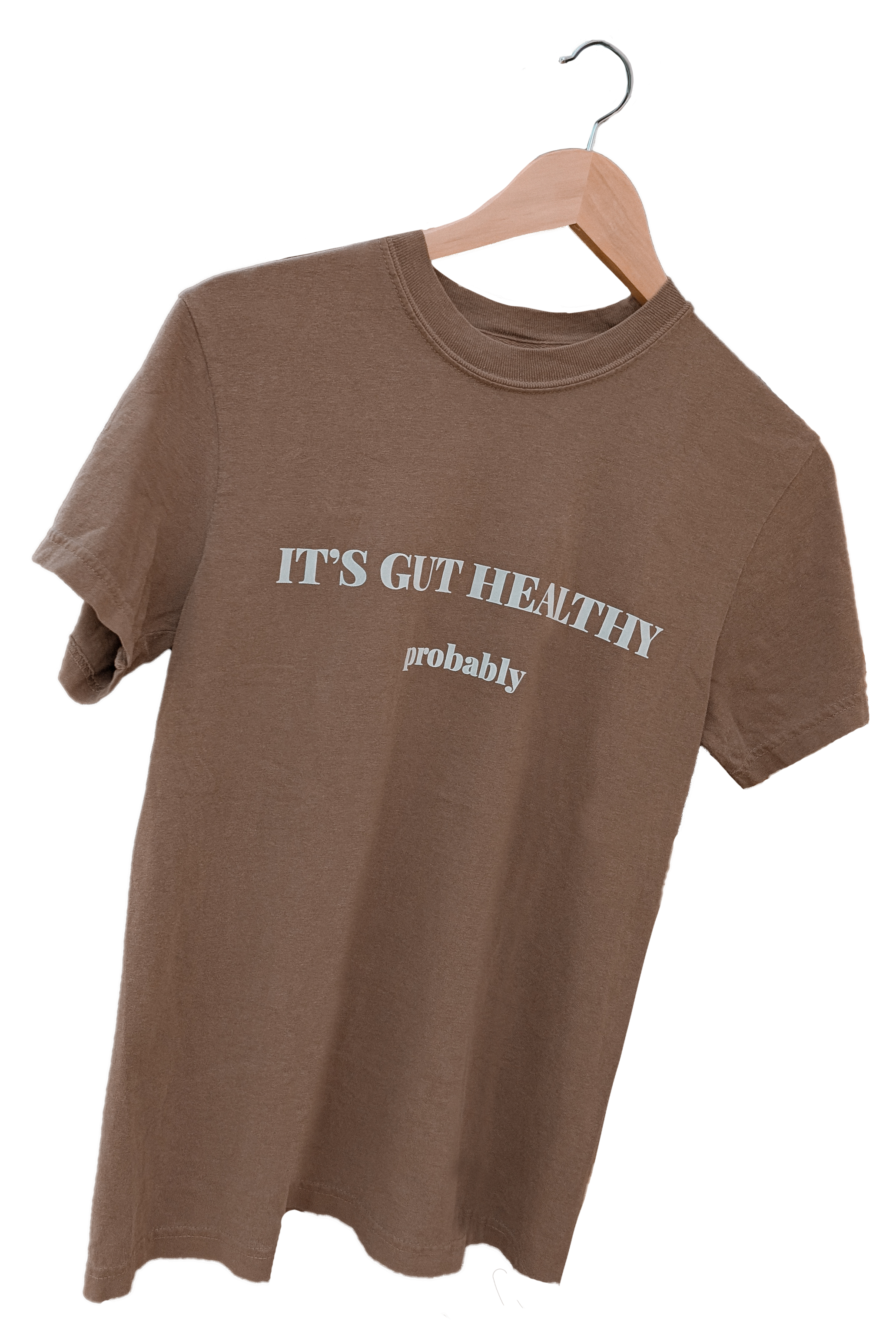 Brown T-shirt hanging on a wooden hanger with the words 'IT'S GUT HEALTHY probably' printed on it.