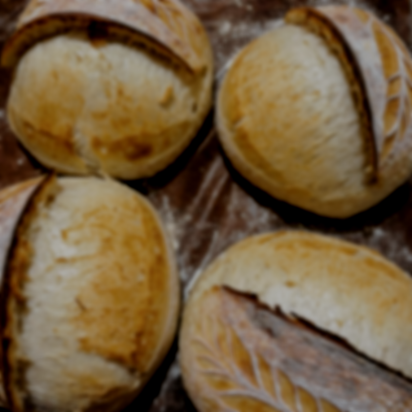 Close-up of several freshly baked bread rolls on a baking sheet.