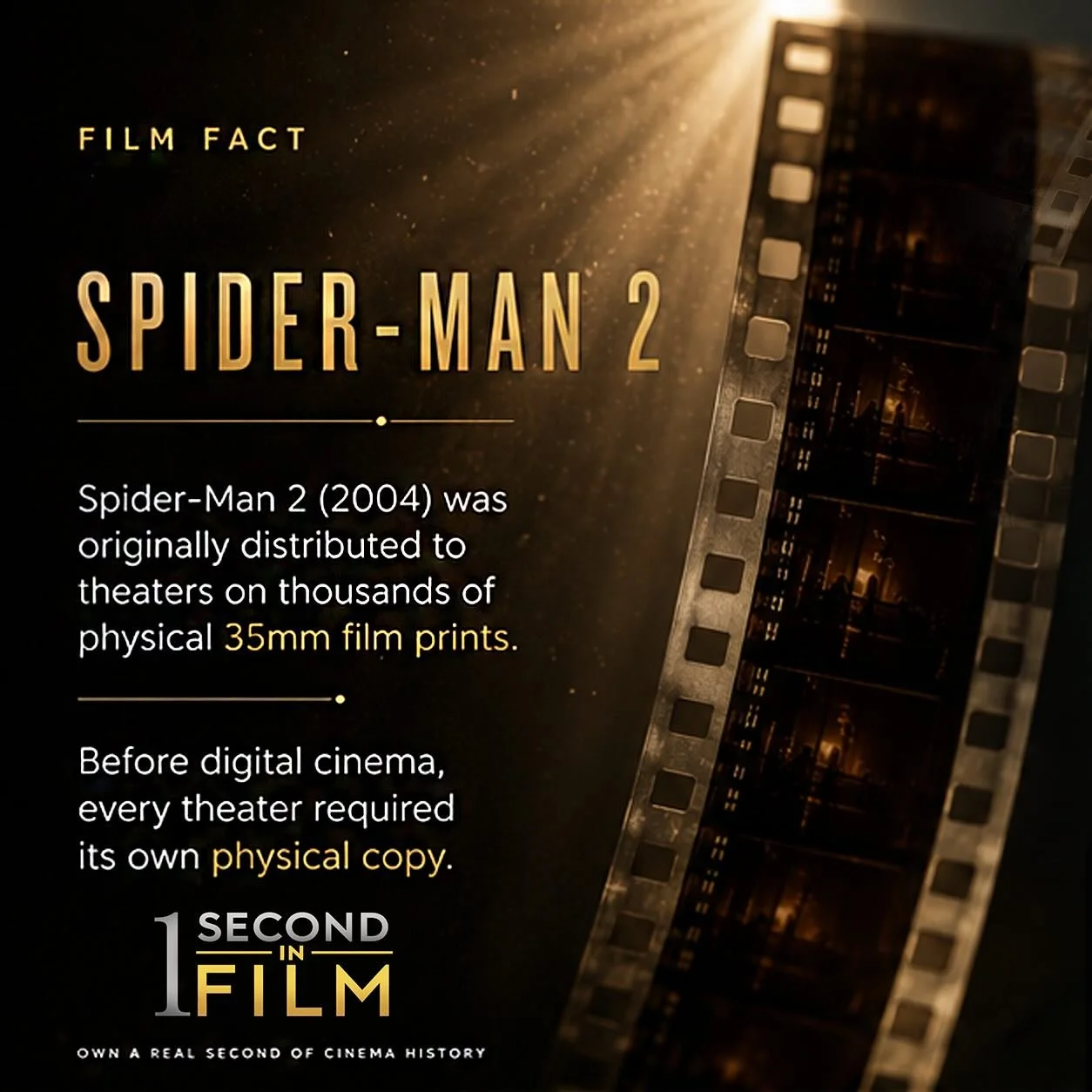Before digital projection, every theater showing *Spider-Man 2* needed its own physical 35mm print. Thousands of copies were struck, shipped across the world, threaded through projectors, and screened for millions of moviegoers.

This frame is a smal