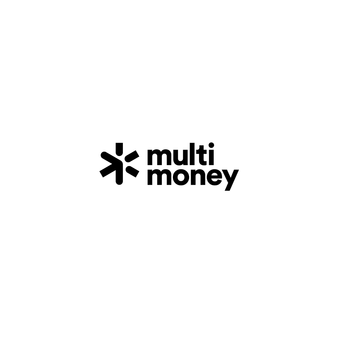Logotipo en blanco y negro de Multi Money con un símbolo abstracto a la izquierda y el nombre en letras negras a la derecha.