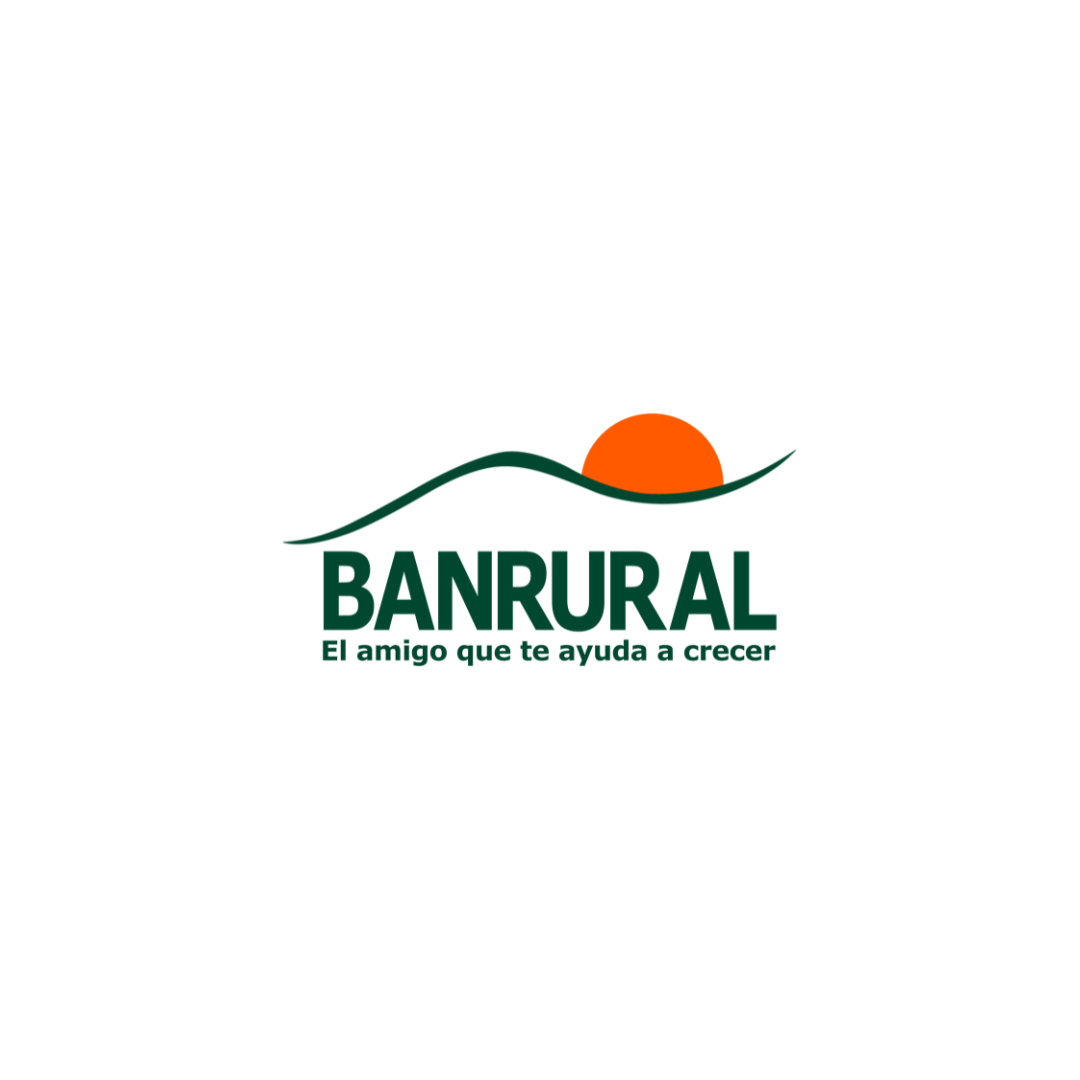 Logo de Banrural con un sol naranja y una línea de colinas verdes, y el texto "BANRURAL" en negrita y el lema "El amigo que te ayuda a crecer" debajo.