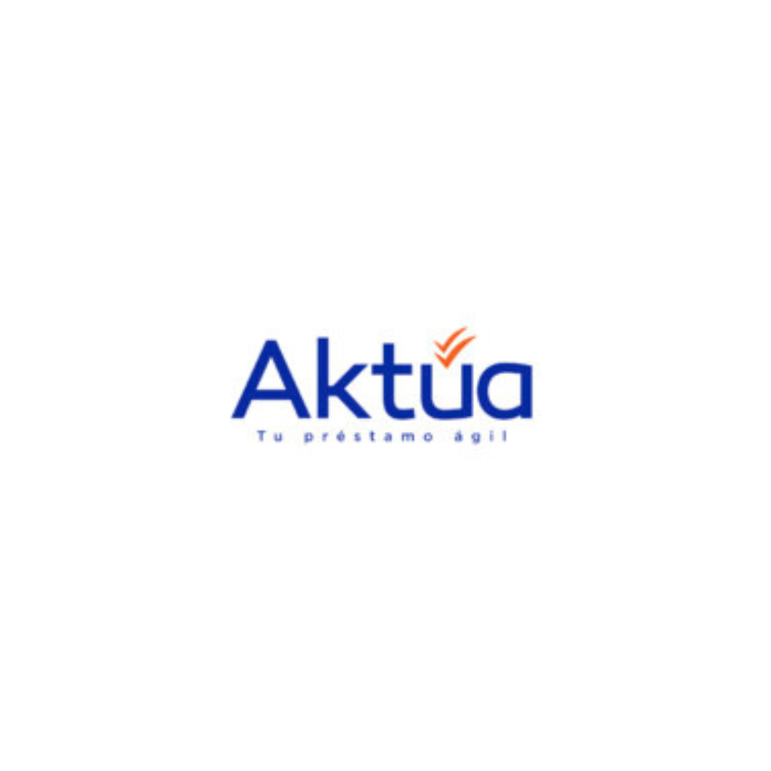 Logotipo de Aktua con el lema "Tu préstamo ágíl" en letras azules y un símbolo de marca de verificación naranja arriba de la letra "t".