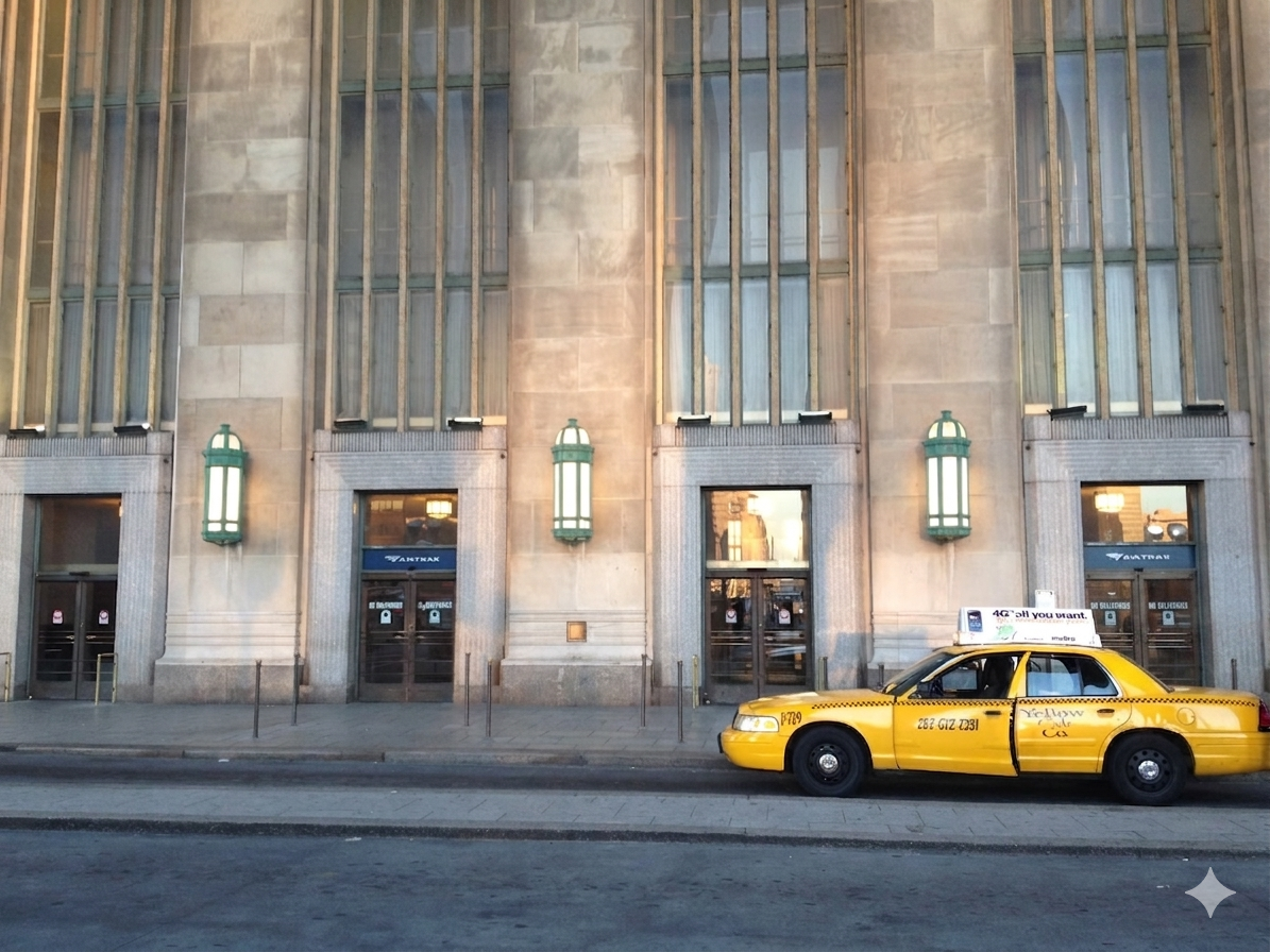 A yellow taxi cab parked in front of a large building with tall windows and decorative lights.
