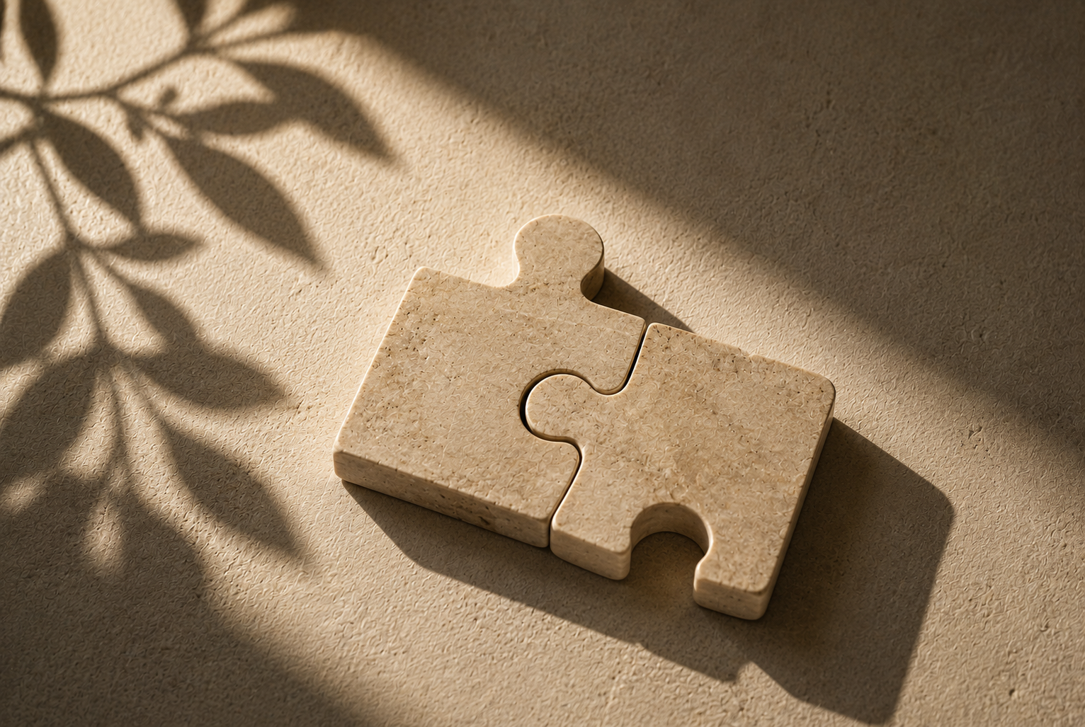 Two beige puzzle pieces connected on a textured surface with shadows of leaves cast on the background.