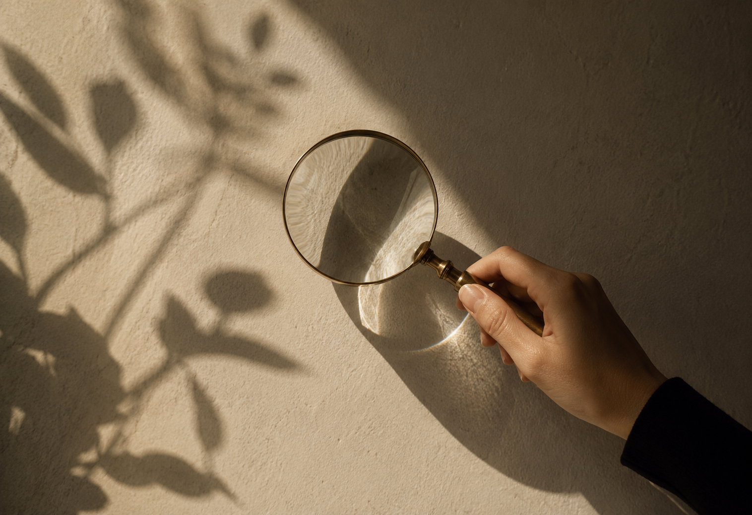 A person holding a small round mirror with a gold handle, reflecting a shadow of a plant's leaves on a beige wall.