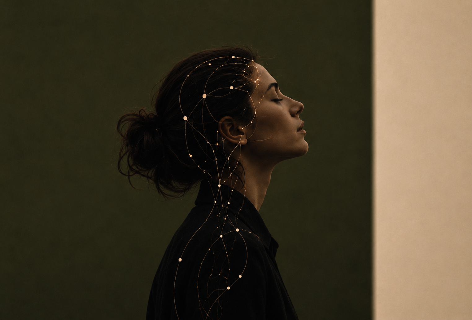 Side profile of a woman with her eyes closed, dark hair tied back, wearing a black jacket, with a digital network overlay on her head and neck.