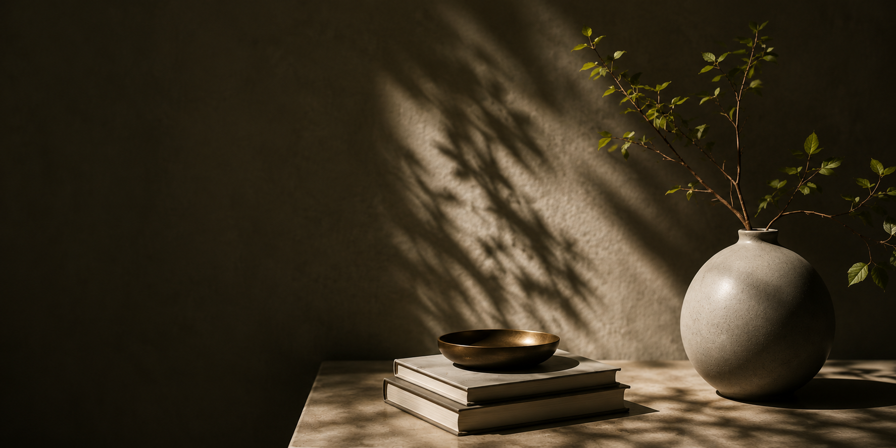 A minimalist still life of a ceramic vase with green leafy branches, a stack of three books, and a metallic bowl on a marble surface, with soft shadows cast on a textured wall.