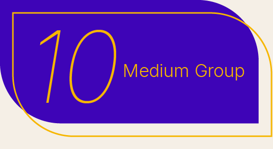 Purple background with gold text stating '10 Medium Group' in a stylized design.