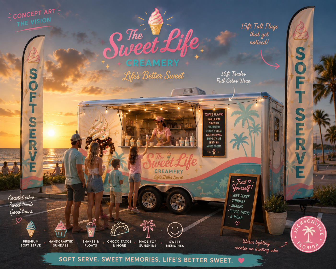 Ice cream trailer at sunset with people ordering and enjoying ice cream, palm trees, and promotional signage for the Sweet Life Creamery in Jacksonville, Florida.