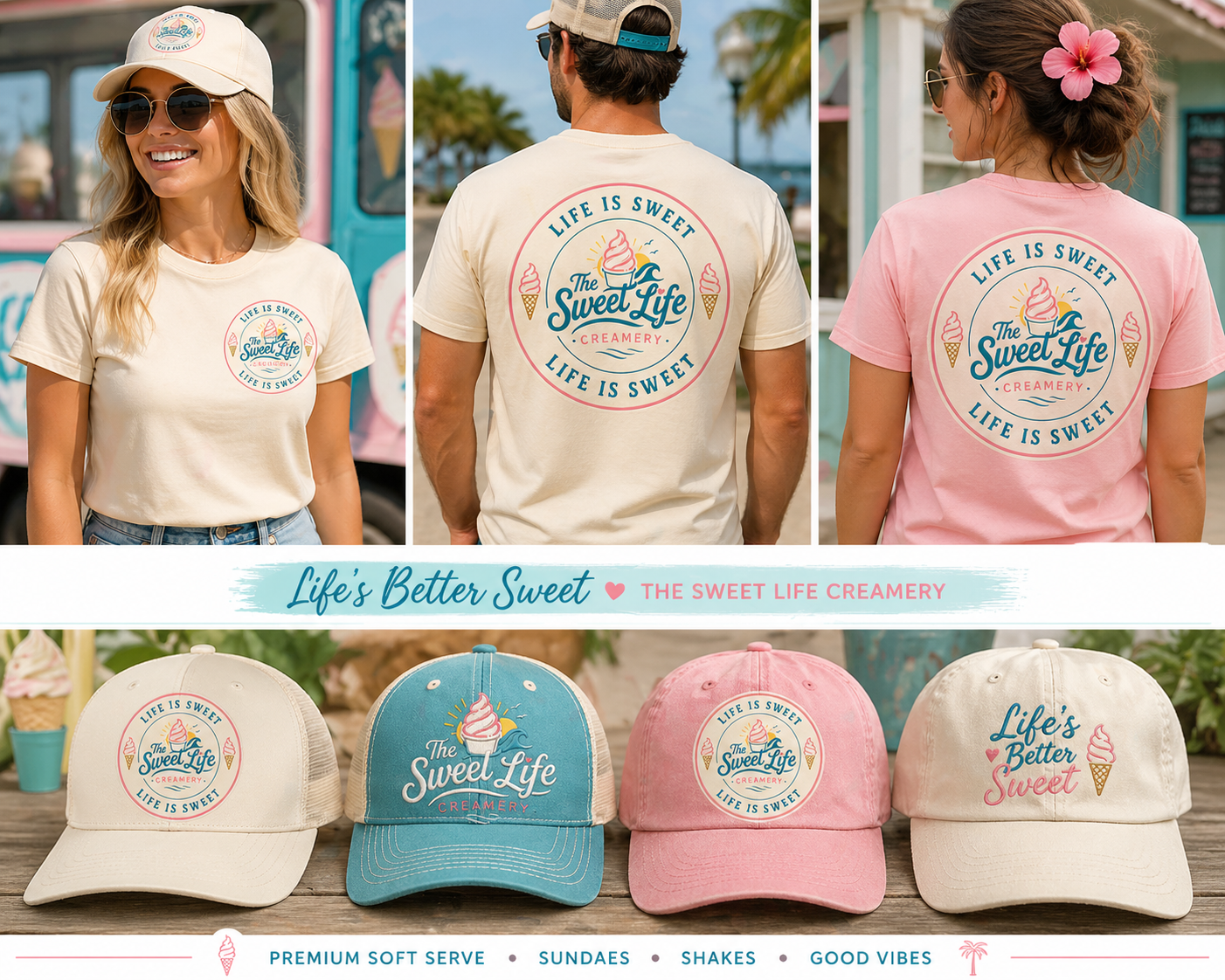 Three models wearing t-shirts with the logo of 'The Sweet Life Creamery' and the slogan 'Life is Sweet' in front of a bright, outdoor, beachside setting. One model has blonde hair and sunglasses, wearing a white t-shirt and denim shorts, a hat. The second model has dark hair with a flower in her hair, wearing a pink t-shirt. The third model is shown from behind, wearing a beige t-shirt and sunglasses, with palm trees in the background. Below, four baseball caps with similar logo designs, in beige, blue, pink, and white, are laid out on a wooden surface. The caps feature the creamer logo and the phrases 'Life's Better Sweet' and 'The Sweet Life Creamery'. Text overlay says 'Life's Better Sweet ♥ The Sweet Life Creamery'. Additional text mentions 'Premium Soft Serve', 'Sundaes', 'Shakes', and 'Good Vibes' alongside small icon graphics.