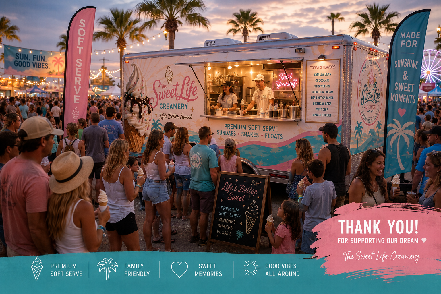 A crowded outdoor event at dusk with a colorful ice cream truck named 'The Sweet Life Creamery' selling soft serve ice cream. People of various ages line up and enjoy ice cream cones, with string lights, palm trees, and a ferris wheel in the background.
