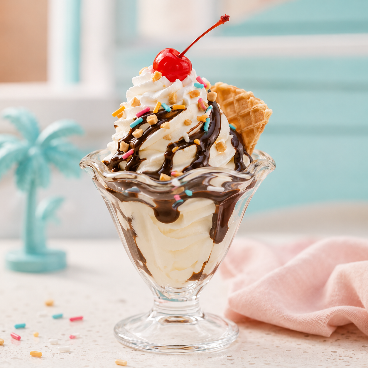 Chocolate and vanilla ice cream sundae topped with whipped cream, rainbow sprinkles, a cherry, and a waffle cone in a glass dish.