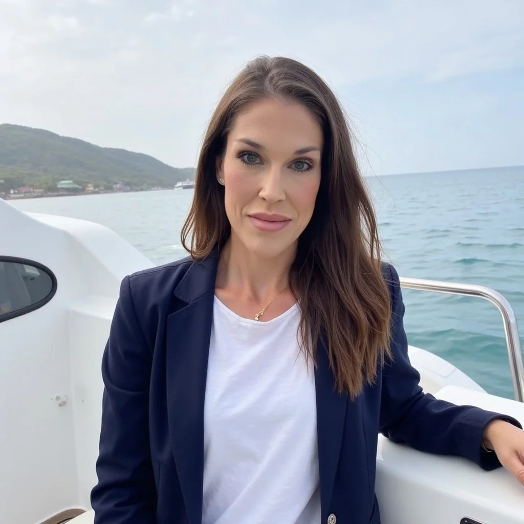 A woman with long brown hair and blue eyes is sitting on a boat near the ocean, with hills and a cloudy sky in the background.