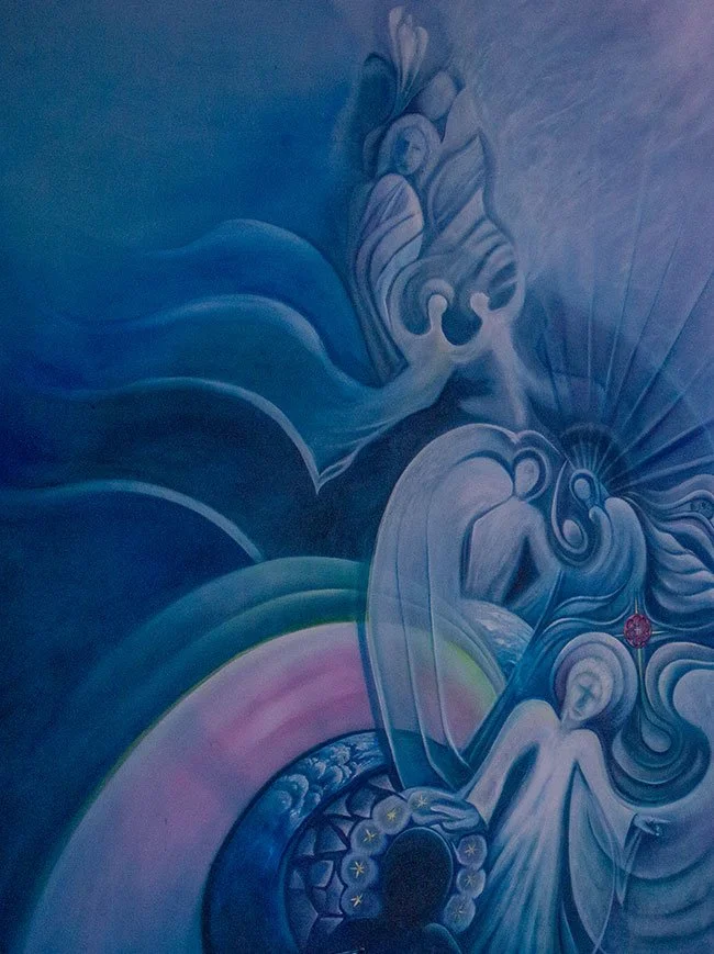 Abstract mural with blue, purple, and pastel colors depicting a spiritual scene with faces, rays of light, and flowing shapes.