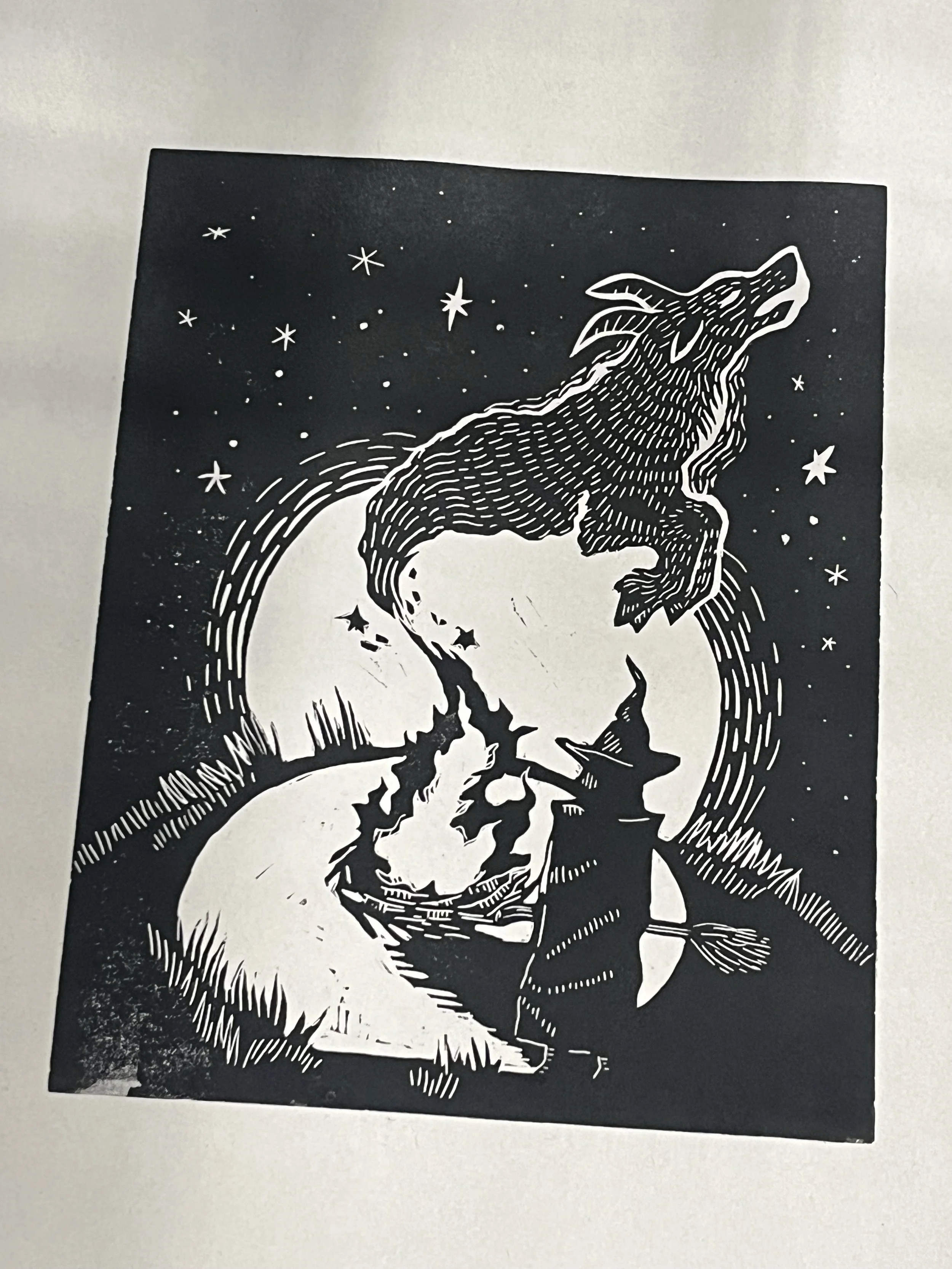 High Contrast Linocut Print of a Witch and Moon
