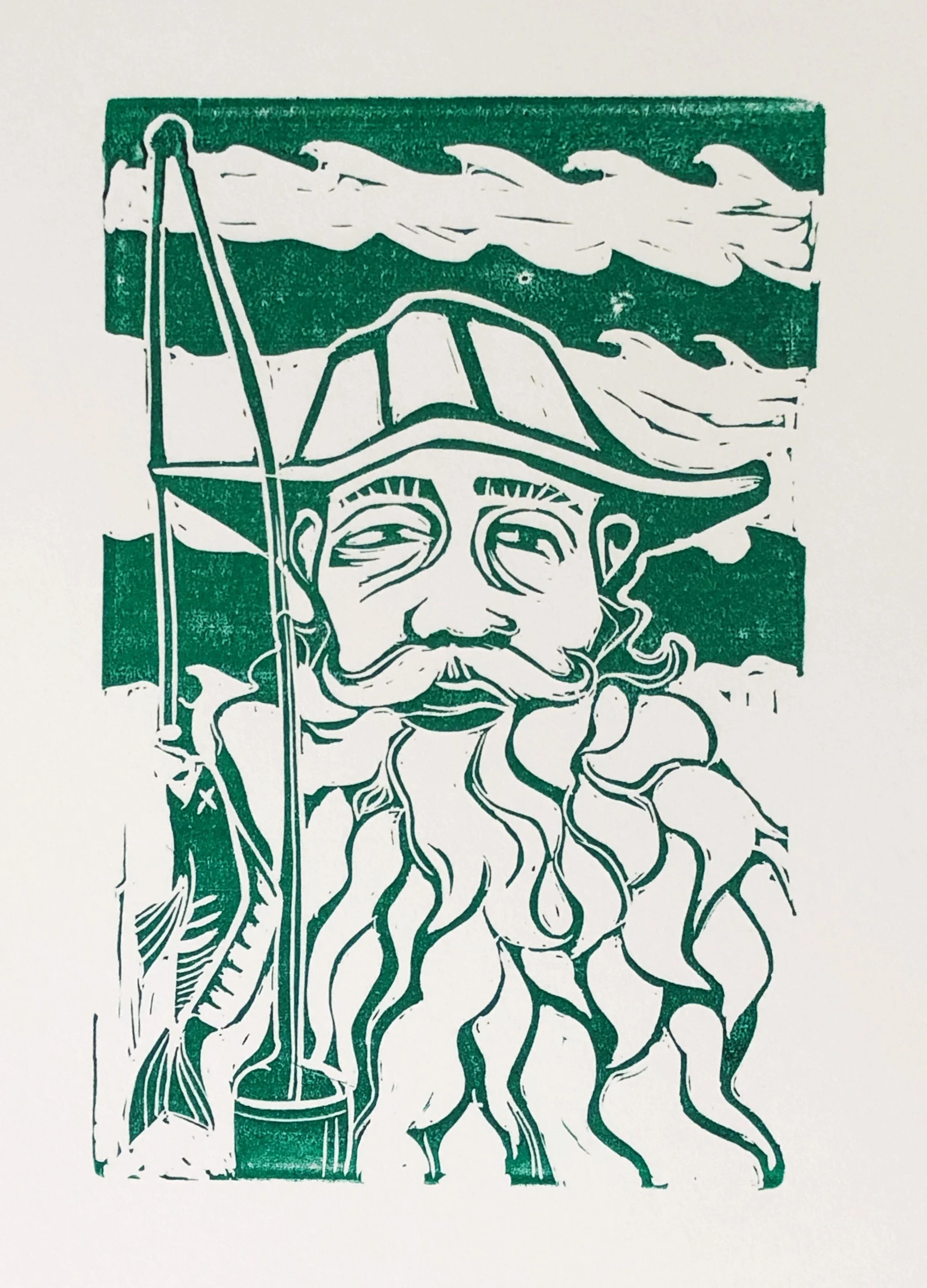 High Contrast Green and White Linocut Fisherman