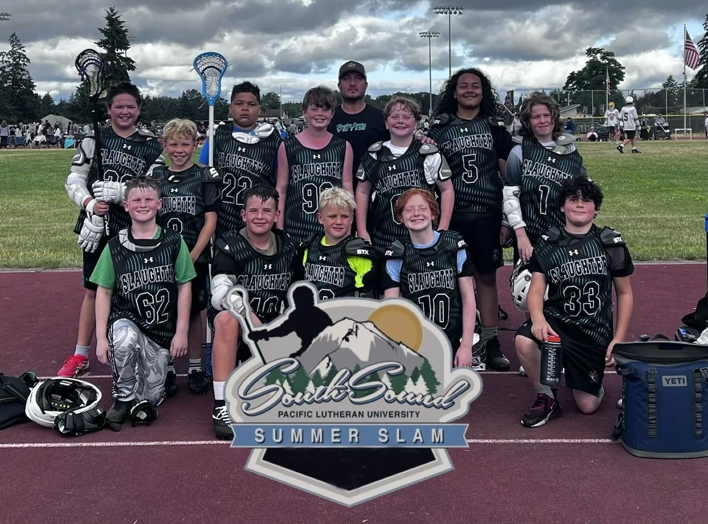 Slaughter Girls youth lacrosse team and coach at Pacific Lutheran University.