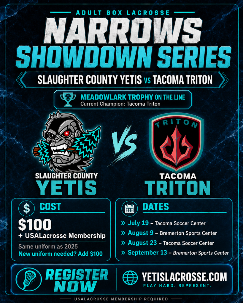 Narrows Showdown Series graphic with Slaughter County Yetis and Tacoma Triton event details.