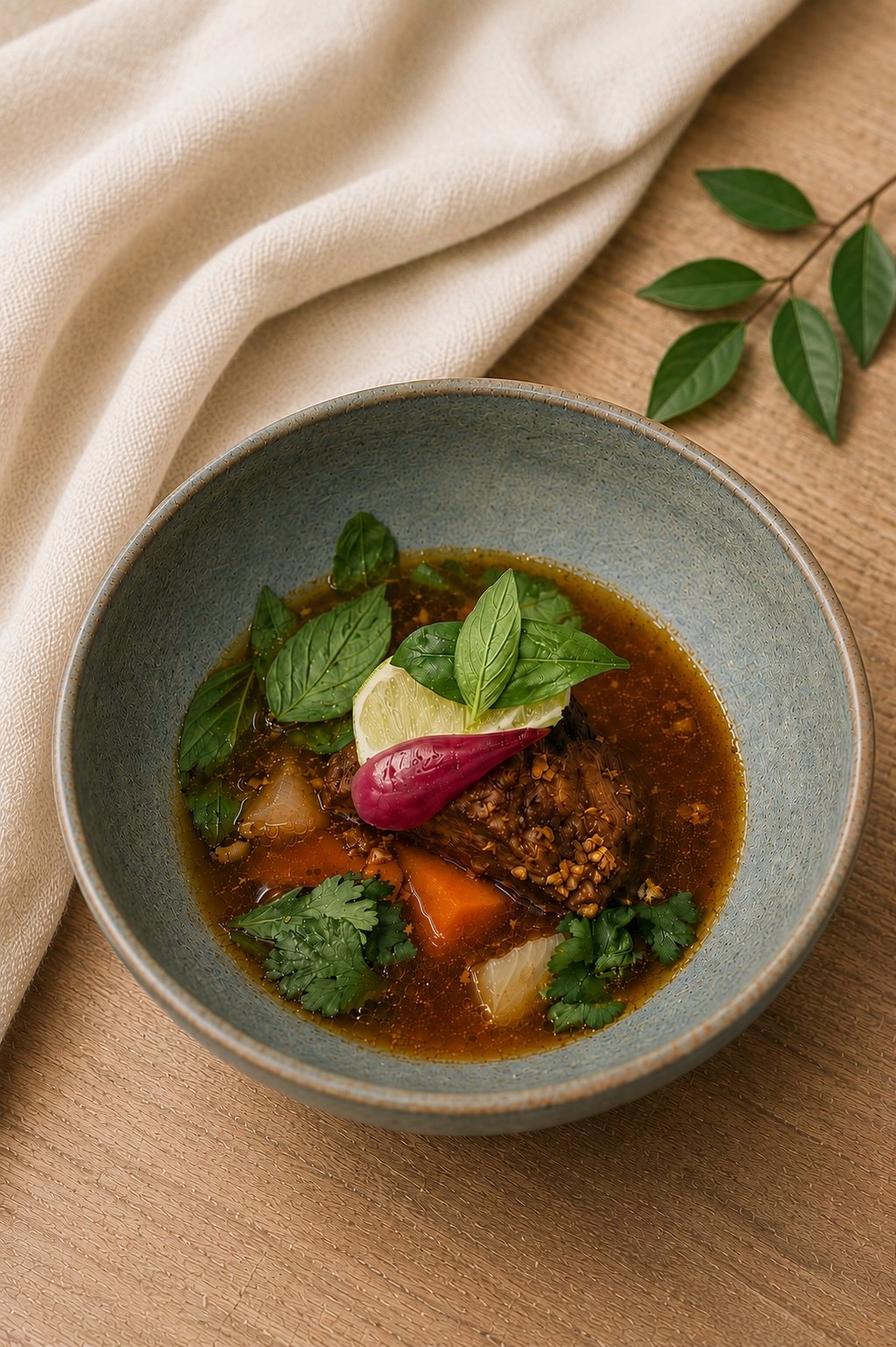 A bowl of short rib soup garnished with fresh herbs, including basil and cilantro, with a lemon wedge and a pink pickled red onion on top, placed on a wooden surface with a beige cloth nearby.