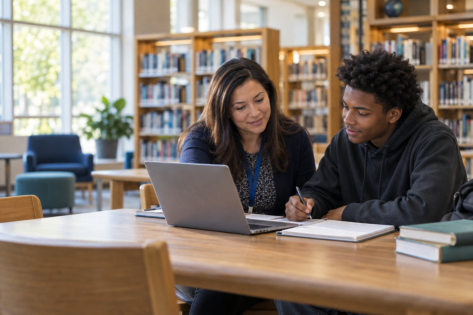 A woman and a young man sitting at a wooden table in a library, reviewing documents on a laptop and notebook.