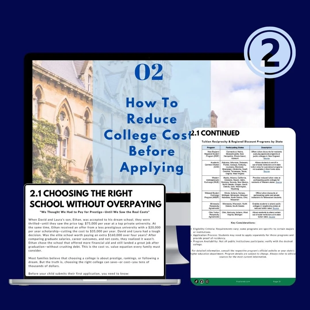 A presentation slide titled 'How To Reduce College Costs Before Applying' with an inset showing a page titled 'Choosing the Right School Without Overpaying' and additional information about college selection and costs.