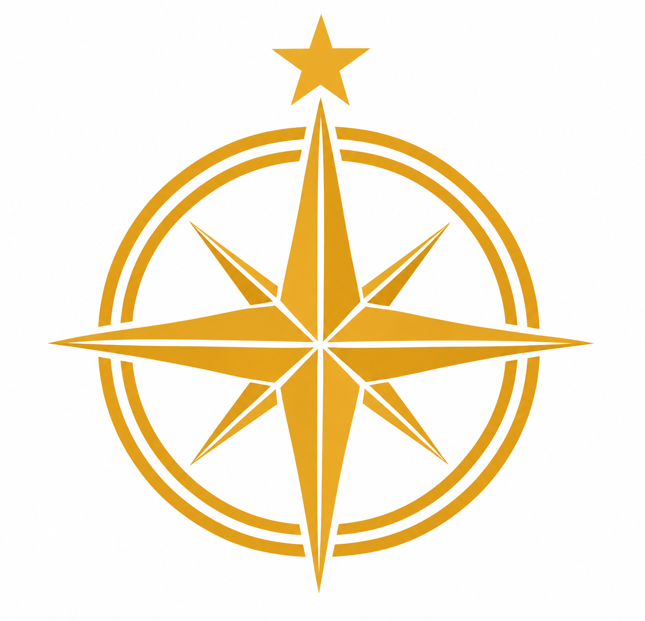 Gold compass rose with a star on top, set against a white background.