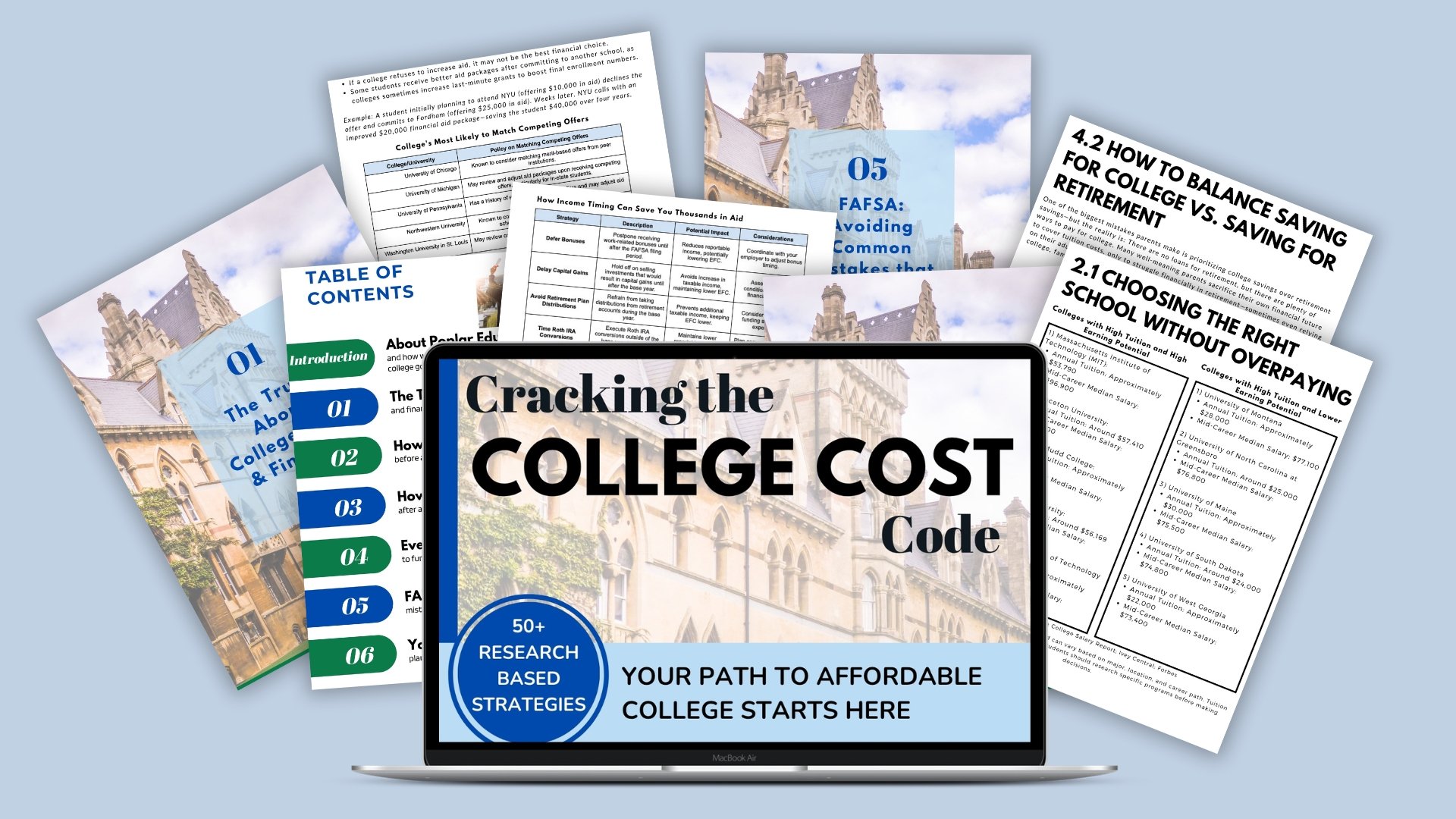 A collection of college-related brochures and pamphlets spread out on a light blue surface, with a laptop displaying a cover titled "Cracking the College Cost Code" in front.