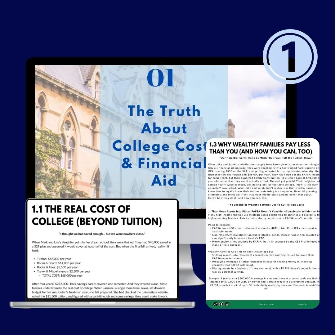 Slide presentation titled "The Truth About College Cost & Financial Aid." The slide discusses the real cost of college beyond tuition, including expenses like room, books, and travel, with a focus on financial planning and leveraging assets.