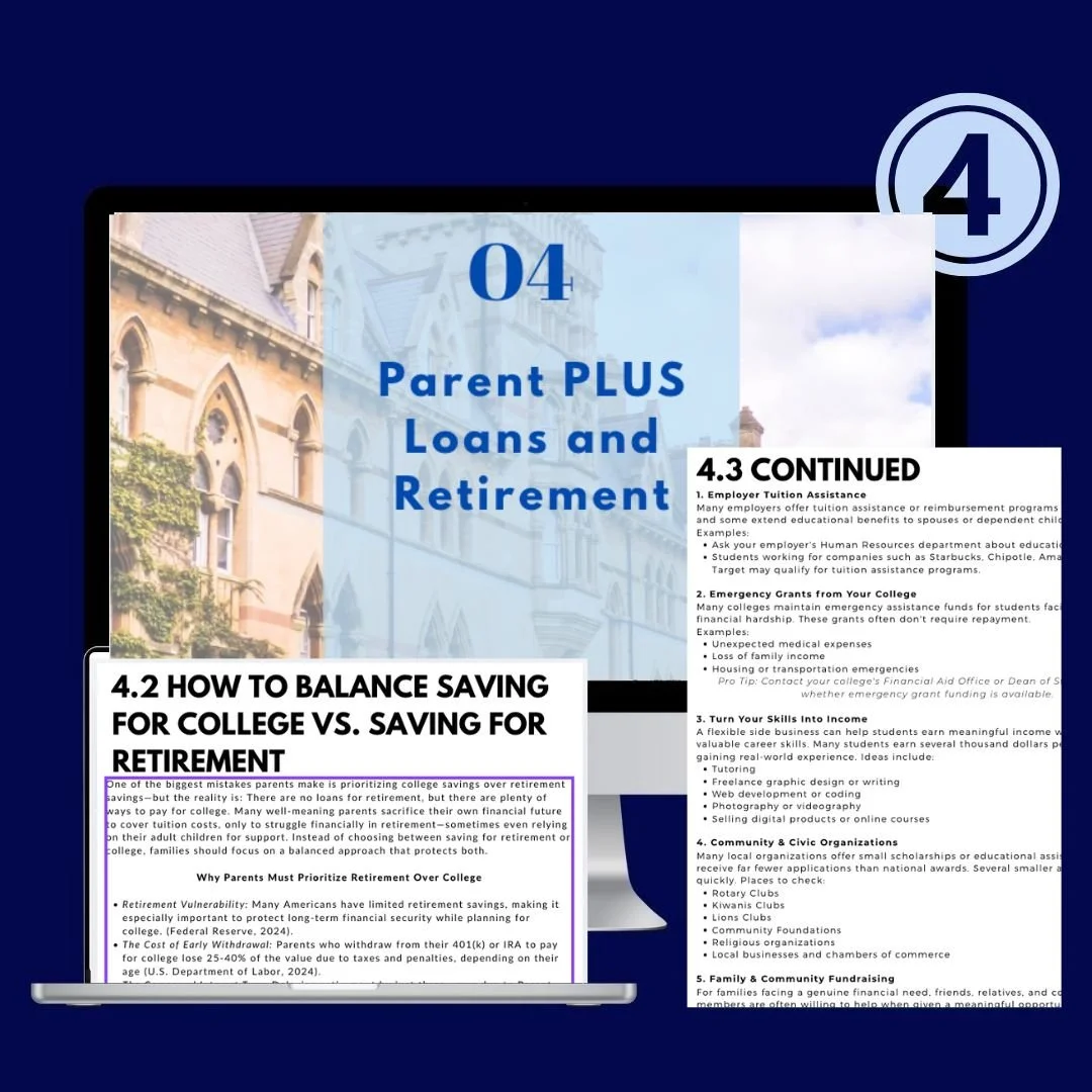Page from a presentation on Parent PLUS loans and retirement, divided into sections about balancing savings, employer tuition assistance, emergency grants, income skills, community organizations, and family fundraising.