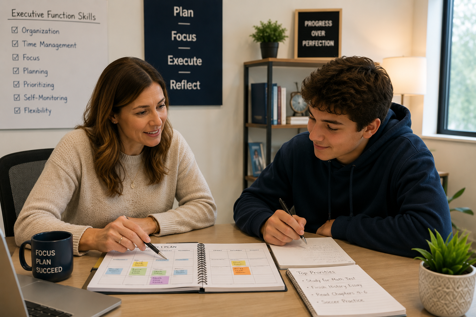A woman and a young man are sitting at a table discussing planning and priorities. The woman points at an open planner with colorful sticky notes, while the young man writes in a notebook with a list of top priorities. In the background, a whiteboard lists executive function skills, and a shelf holds books, a clock, and a framed photo. A coffee mug with the words "Focus Plan Succeed" is on the table, along with a potted plant near a window.