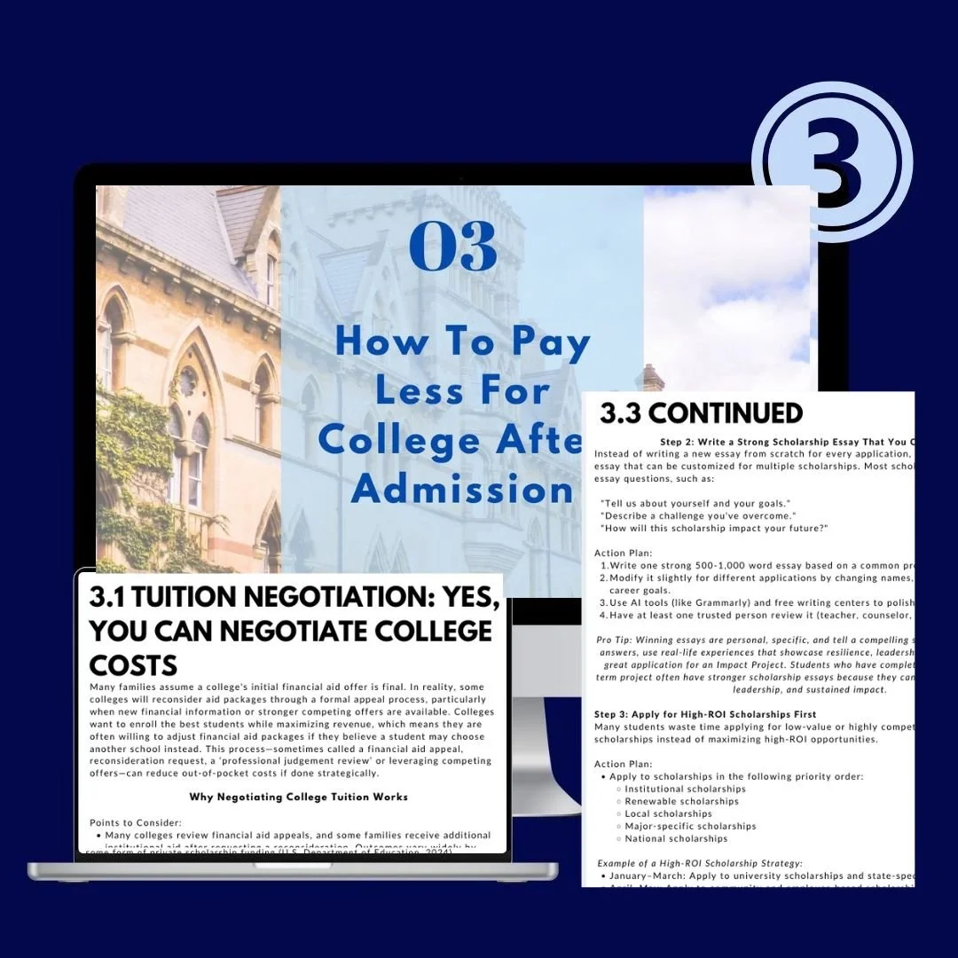 Slide presentation titled '03 How To Pay Less For College After Admission' with a subheading '3.1 TUITION NEGOTIATION: YES, YOU CAN NEGOTIATE COLLEGE COSTS' and a smaller section showing tips for writing a scholarship essay and applying to high-ROI scholarships.