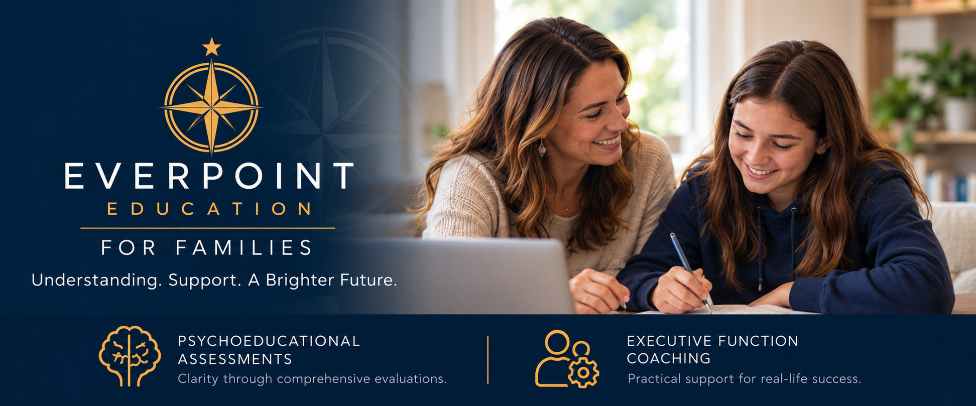 A smiling woman and girl studying together at a table with a laptop, representing education support for families by Everpoint. The image also includes the Everpoint Education logo and text about psychoeducational assessments and executive function coaching.
