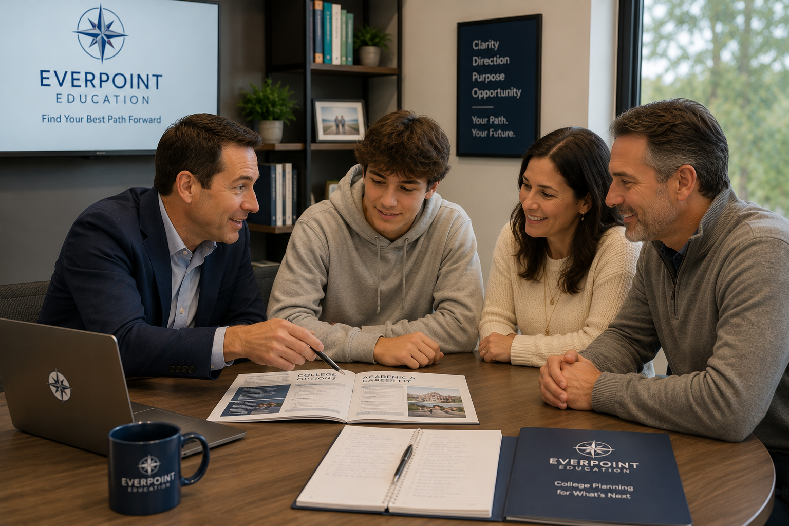 Illustrative scene of an educational professional reviewing materials with a student and family.