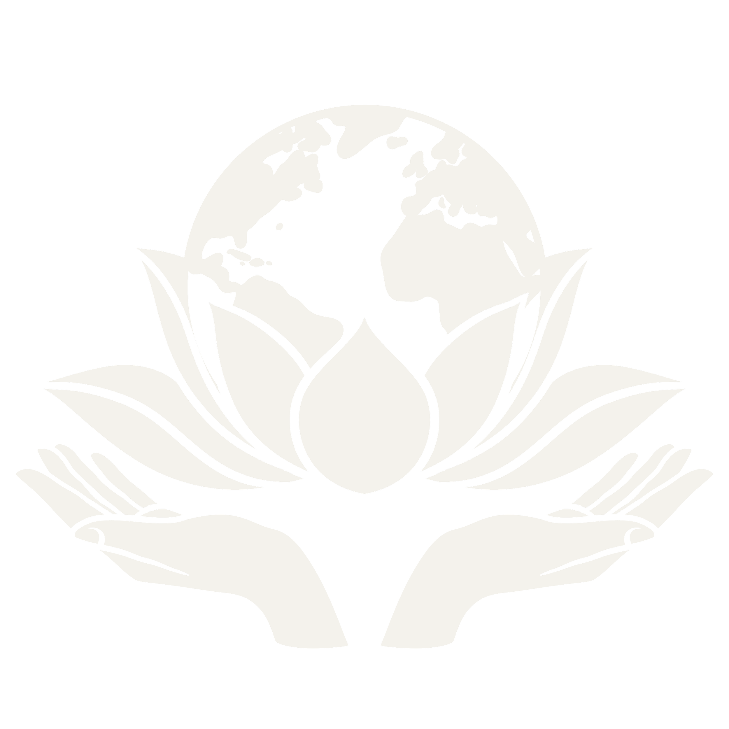 A black and white illustration of the Earth cradled in a person's hands, surrounded by leaves.