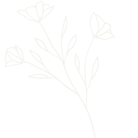 Minimalist white line drawing of a flower with three blossoms and several leaves on a black background.