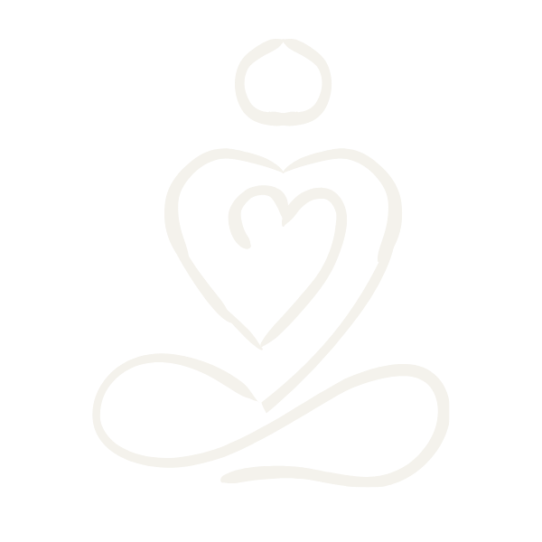 Simple white line drawing of a yoga pose with a heart shape at the center and a small circle above, on a black background.