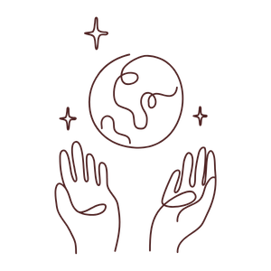 Illustration of two hands reaching up towards a planet Earth with stars around it.