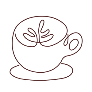 Line drawing of a teacup with steam and a small flower inside.